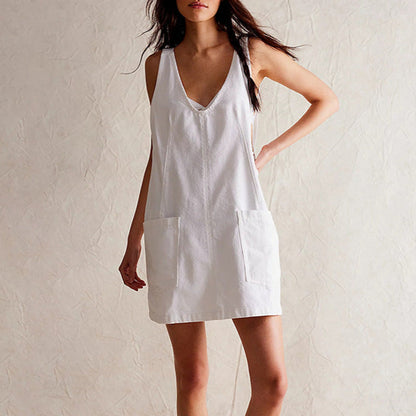 Women’s Mini Dress – Relaxed Fit – Natural Fibers – Deep V-Neck – Sleeveless – Pockets