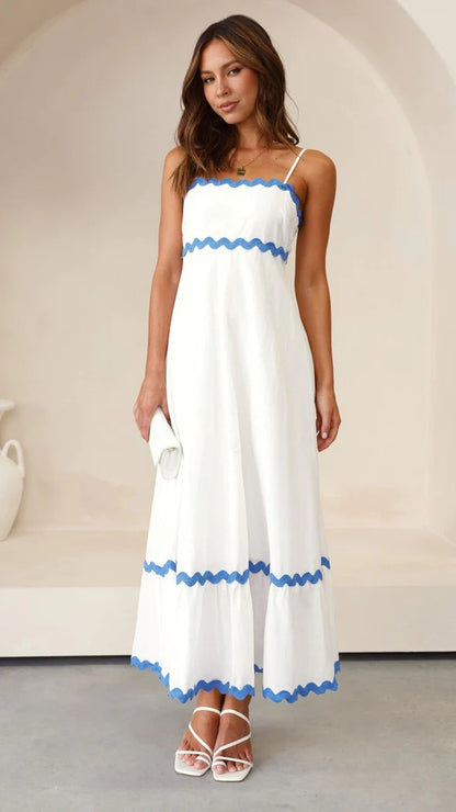 Women’s Long Dress – Slim Fit – Lightweight Cotton – Scalloped Trim – Spaghetti Straps