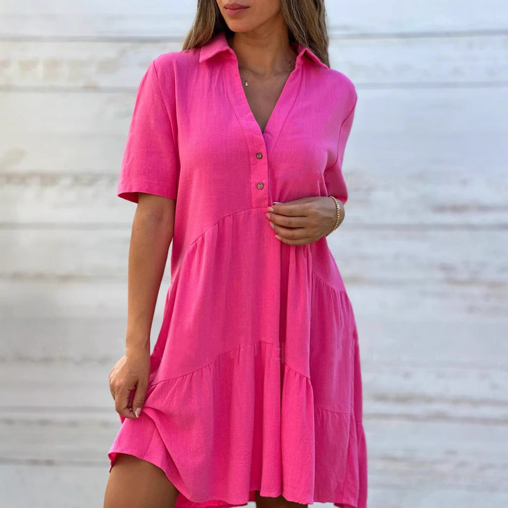 Women’s Swing Dress – Button-Up Front – Natural Fibers – V-Neck – Short Sleeve