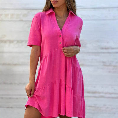 Women’s Swing Dress – Button-Up Front – Natural Fibers – V-Neck – Short Sleeve