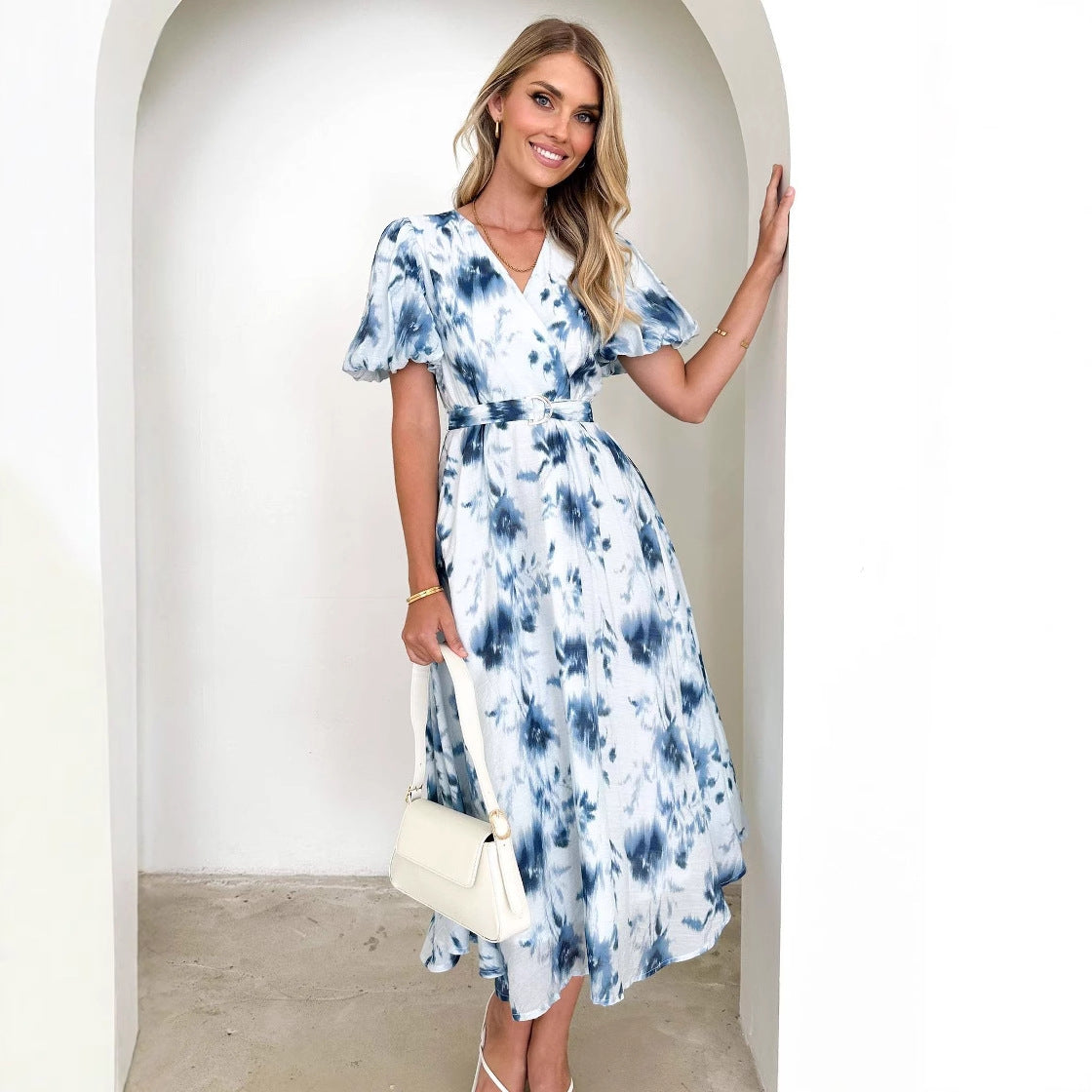 Women’s Midi Dress – V-Neck – Puff Sleeve – Fitted Waist – Lightweight Flared Fit