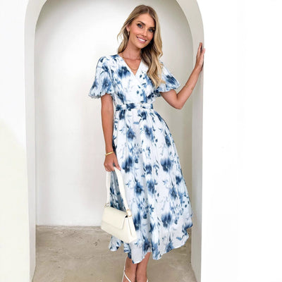 Women’s Midi Dress – V-Neck – Puff Sleeve – Fitted Waist – Lightweight Flared Fit