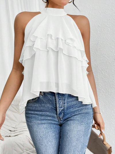 Women's Sleeveless Halter Ruffle Layered Top - Elegant Casual Blouse