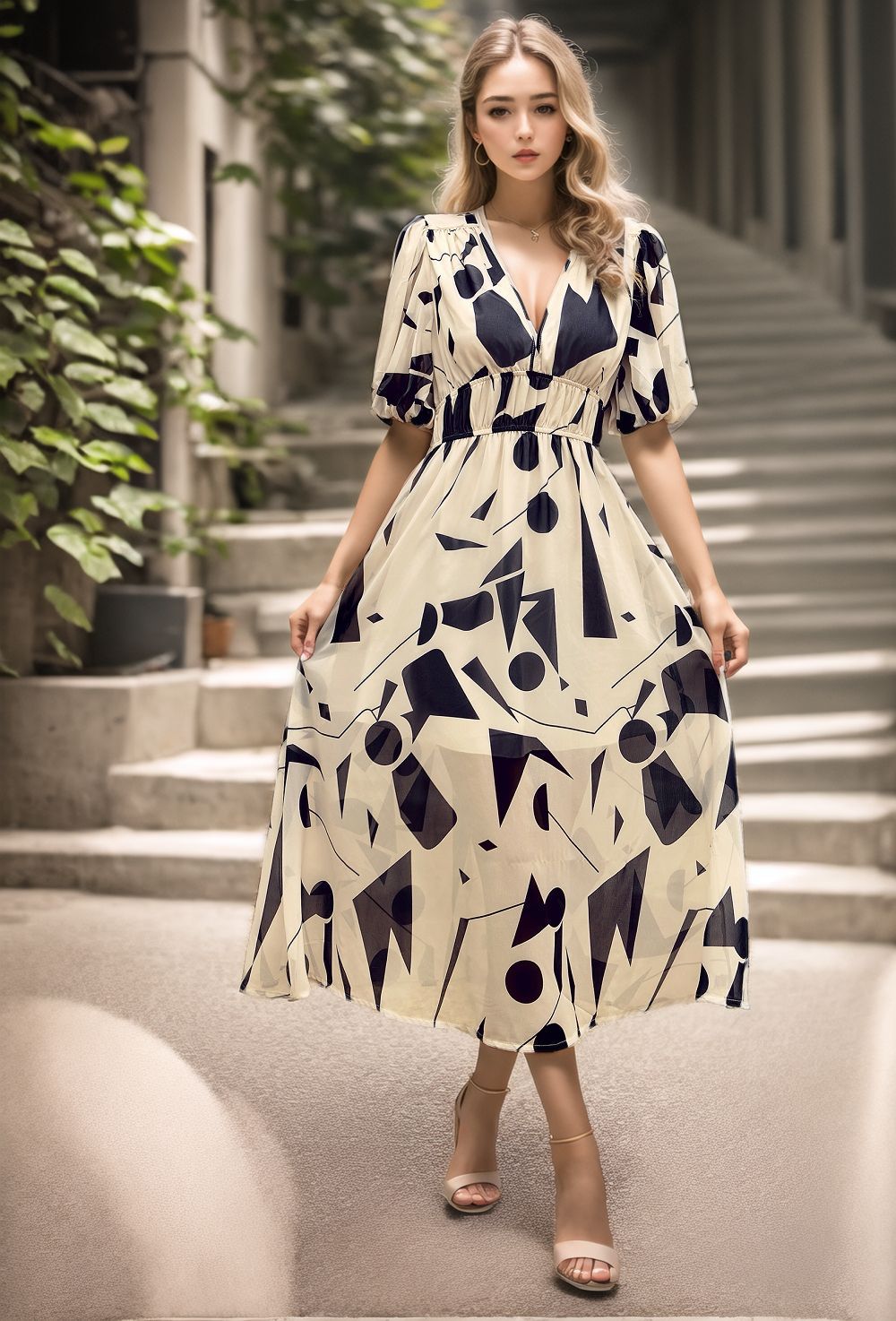 Women’s Midi Dress – Fitted Waist – V-Neck – Puff Sleeves – Bold Print – Breathable Blend