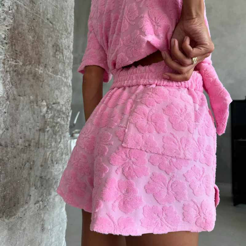 Women’s Pajama Set – Soft Knit Jacquard – Relaxed Fit – Button-Up Top & Elastic Shorts