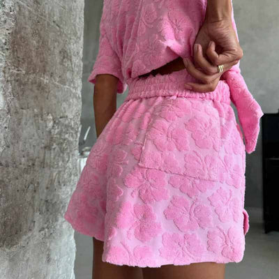Women’s Pajama Set – Soft Knit Jacquard – Relaxed Fit – Button-Up Top & Elastic Shorts