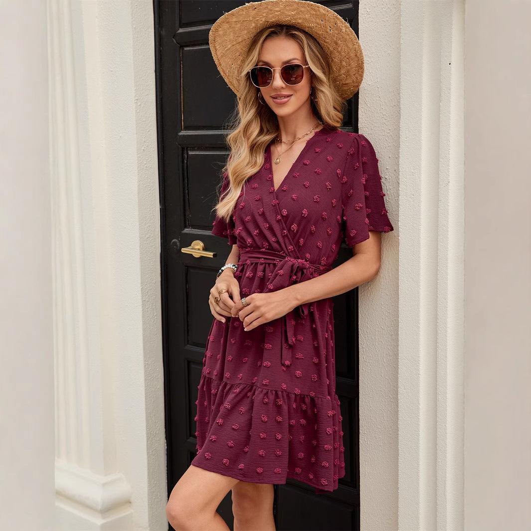 Women’s Wrap Dress – Breathable Blend – V-Neck – Ruffle Hem – Midi Length – Short Sleeve