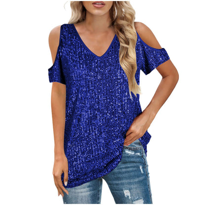 Women’s V-Neck Top – Sequin Front – Cold Shoulder – Relaxed Fit – Short Sleeve