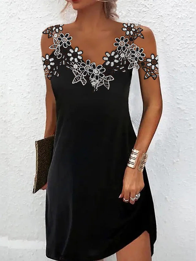Women’s Mini Dress – Slim Fit – Luxury Fabric – V-Neck – Embroidered Lace – Sleeveless