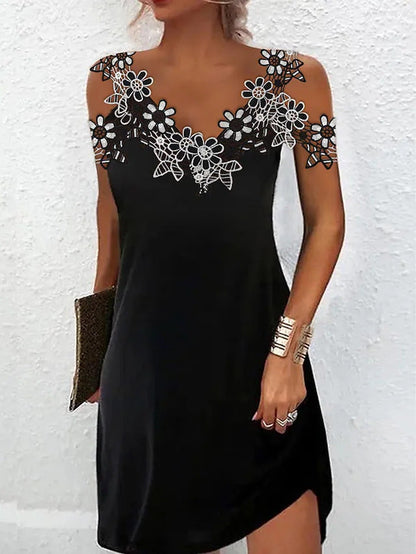Women’s Mini Dress – Slim Fit – Luxury Fabric – V-Neck – Embroidered Lace – Sleeveless