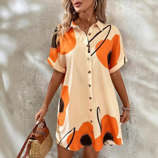 Women’s Shirt Dress – Floral Print – Button Front – Rolled Sleeve – Relaxed Fit