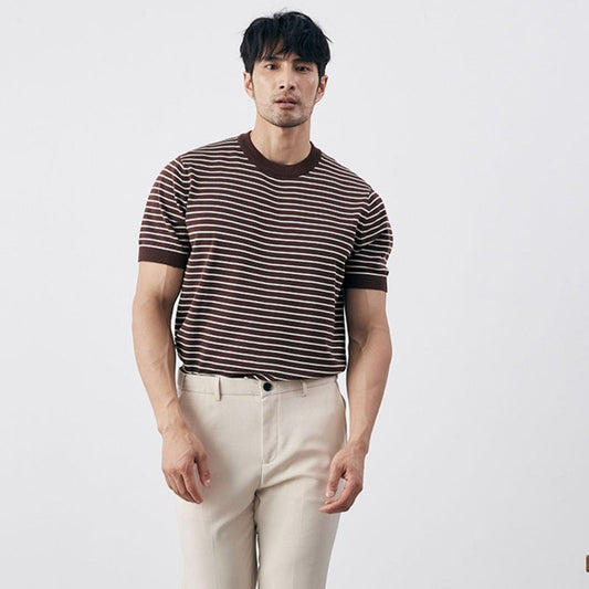 Men’s Knit T-Shirt – Slim Fit – Horizontal Stripe – Ribbed Cuffs – Cotton Blend