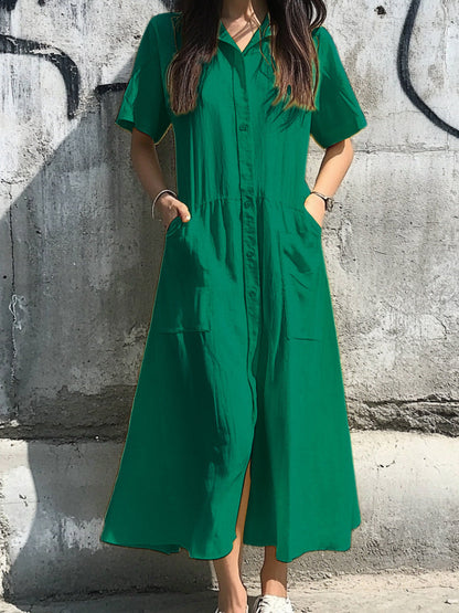 Women’s Shirt Dress – Relaxed Fit – Button-Down Front – Midi Length
