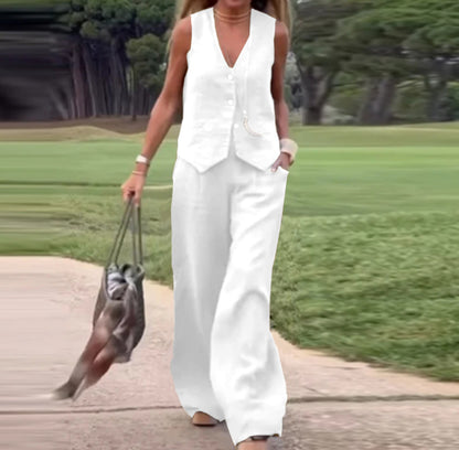 Women's Vest and Pants Set - Tailored Fit - Sleeveless - Wide Leg - Casual Chic