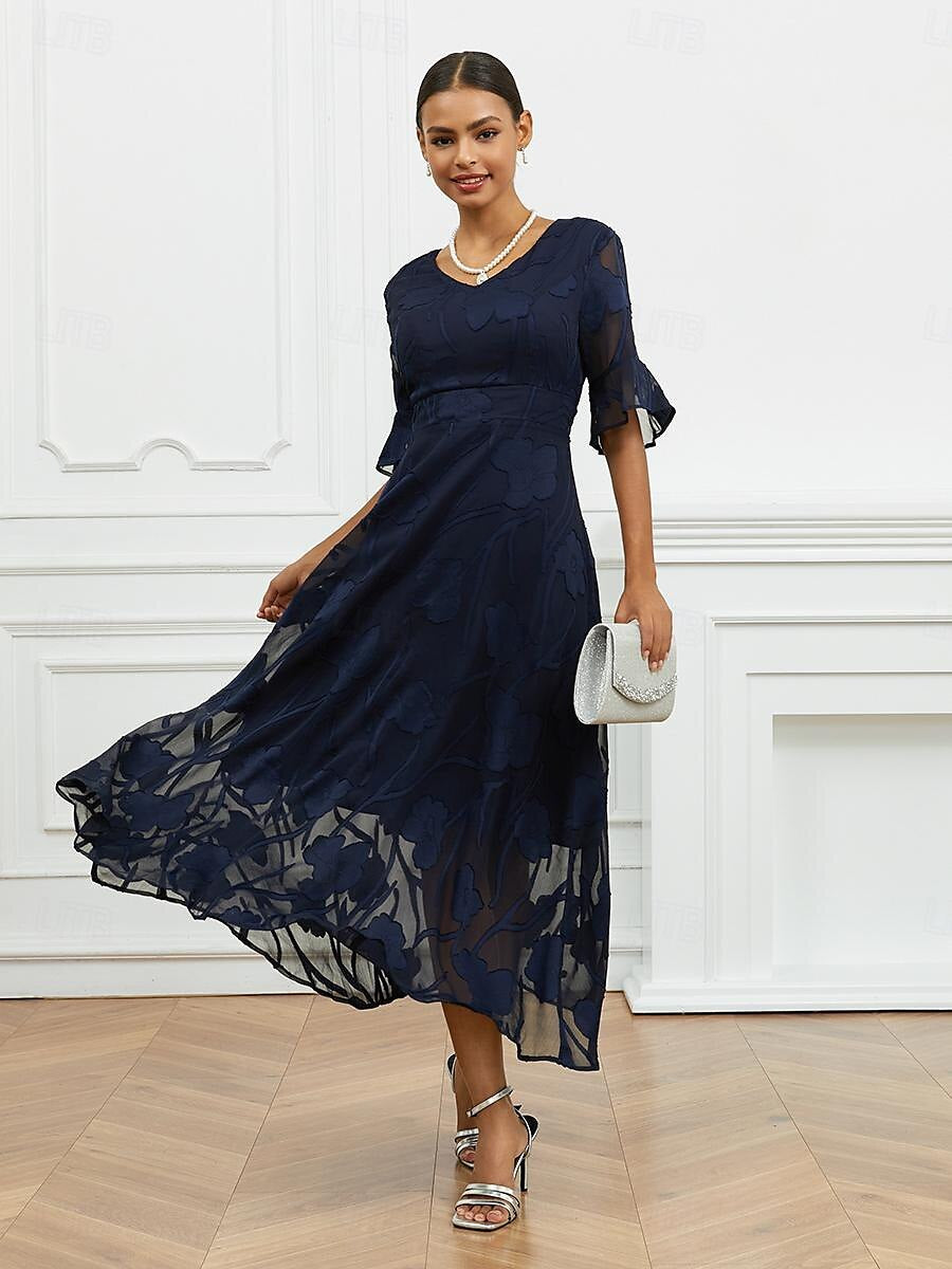 Women’s Maxi Dress – Lace Overlay – V-Neck – Flutter Sleeve – Elegant Fit
