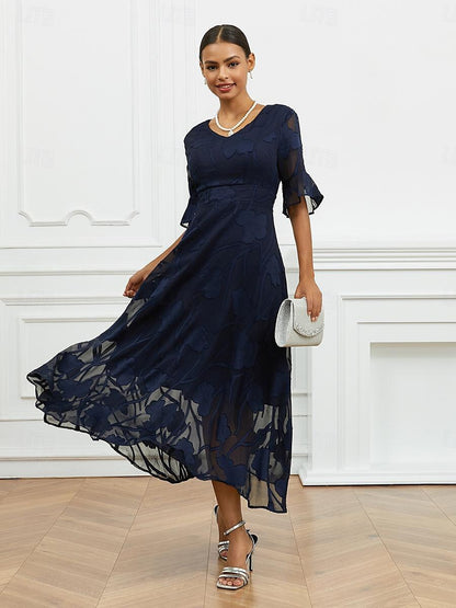 Women’s Maxi Dress – Lace Overlay – V-Neck – Flutter Sleeve – Elegant Fit