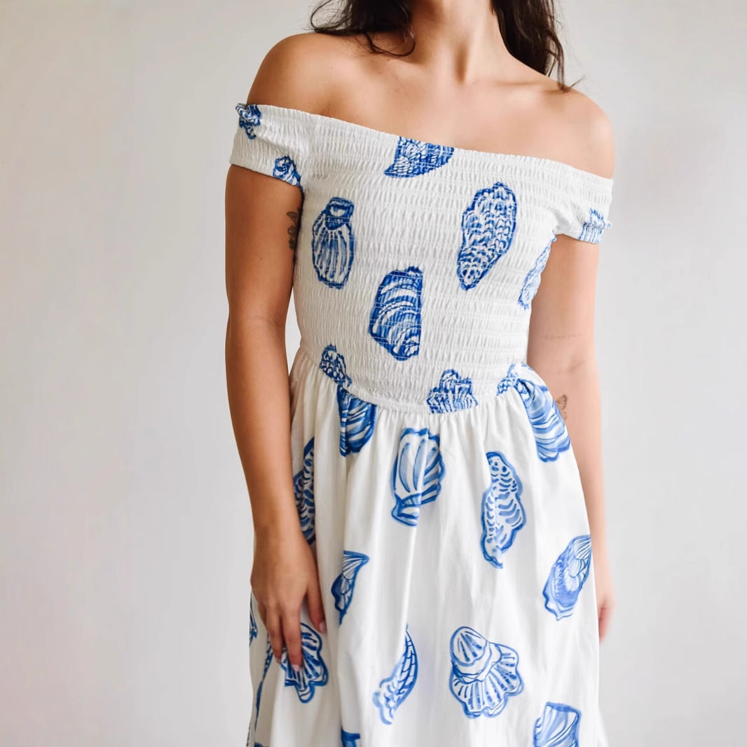 Women’s Midi Dress – Off-Shoulder – Smocked Bodice – Shell Print – Lightweight A-Line