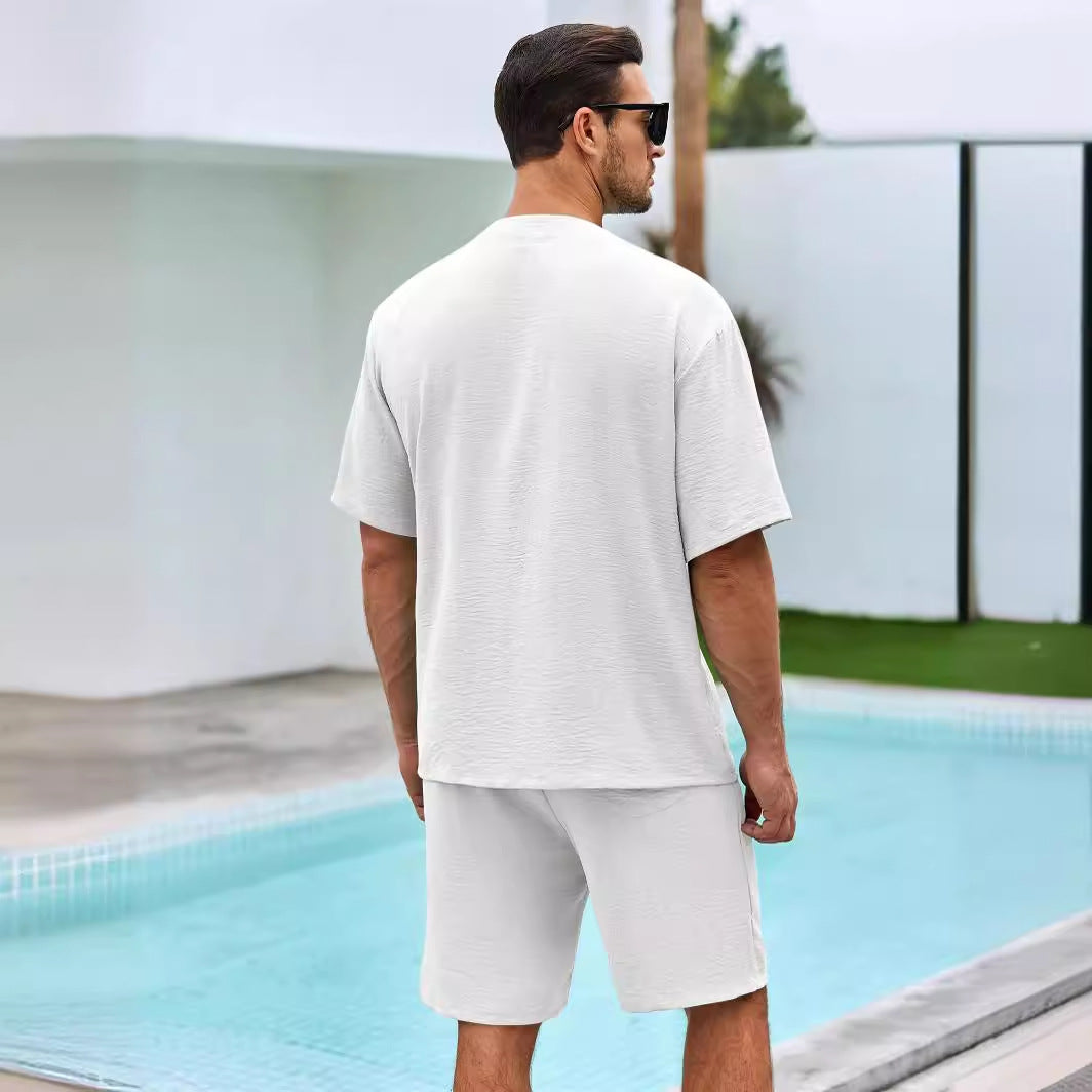 Men’s Two-Piece Set – V-Neck Button Shirt – Relaxed Fit Shorts – Breathable Cotton