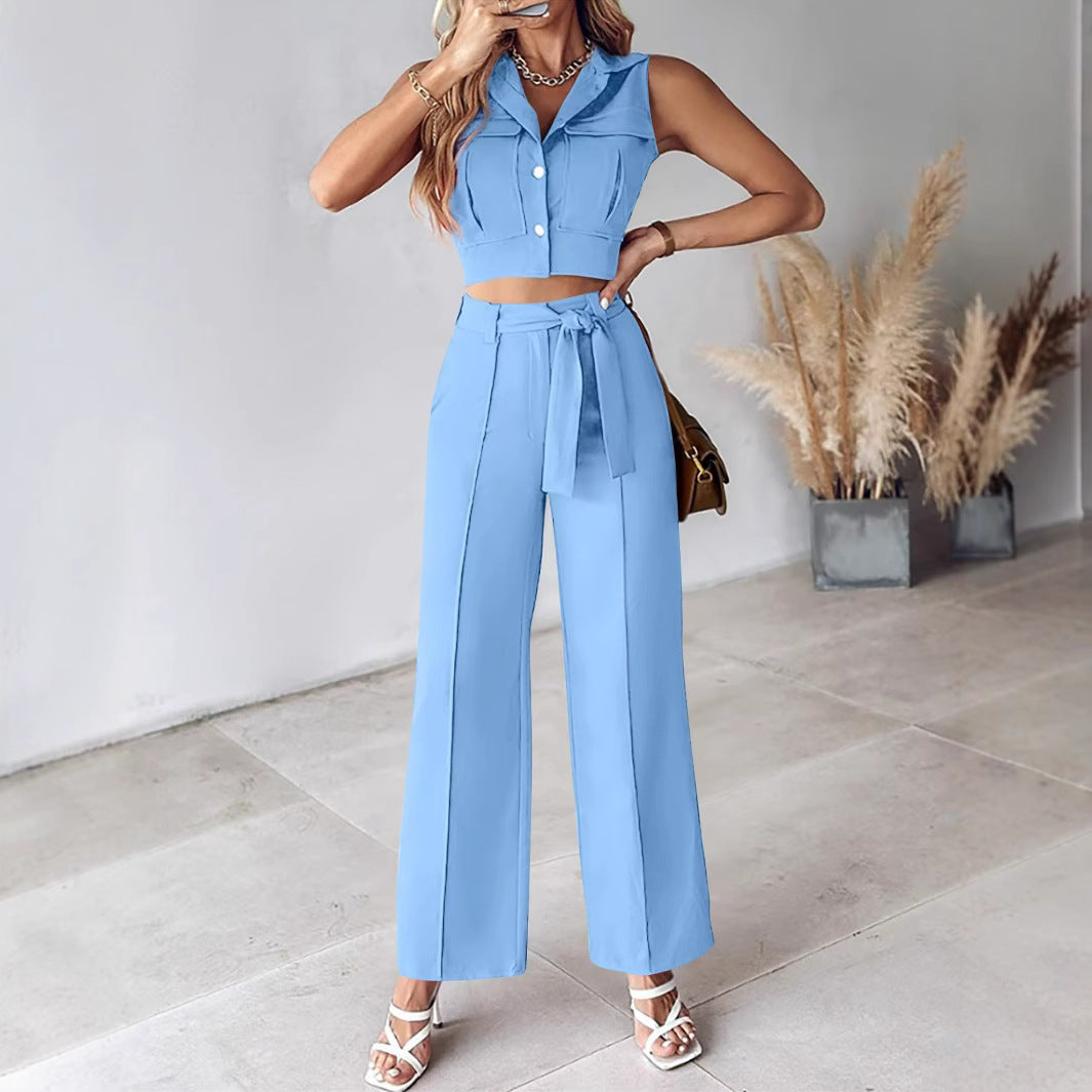 Women’s Pant Set – Sleeveless Crop Top – Wide Leg High Waist Trousers – Belted Waist
