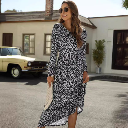 Women's Leopard Print Long Sleeve Midi Dress