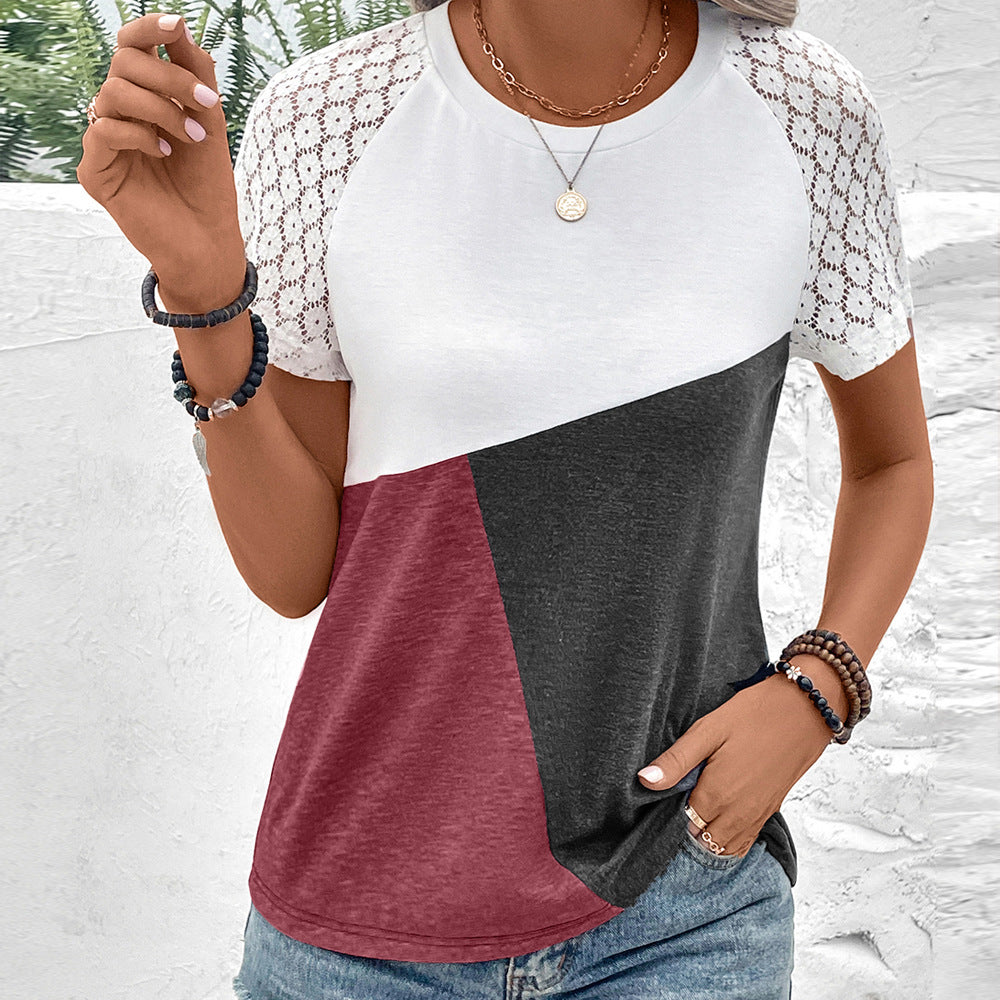 Women’s T-shirt – Relaxed Fit – Cotton Blend – Lace Sleeves – Geometric Front – Round Neck