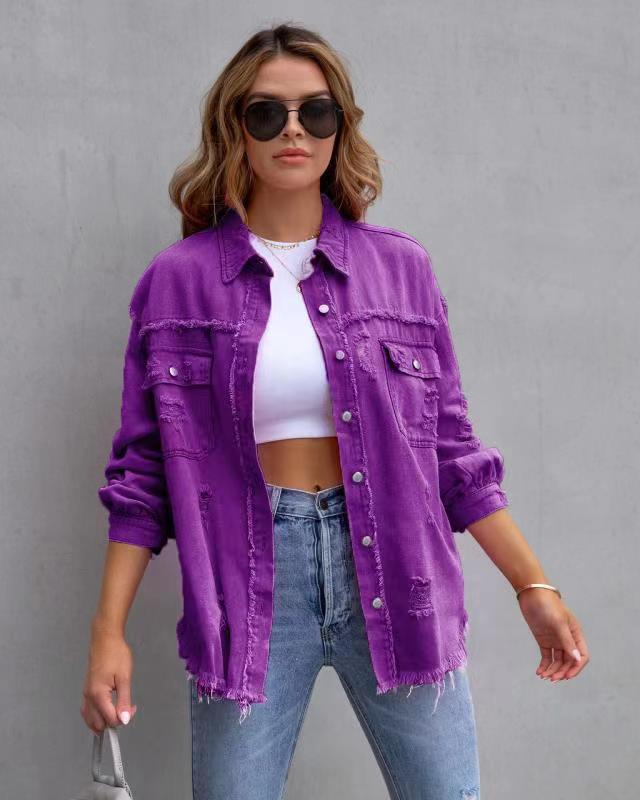 Women’s Denim Jacket – Oversized Fit – Distressed Mid Length – Casual Layering Piece