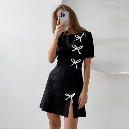 Women’s A-Line Dress – Tailored Fit – Short Sleeve – Bow Detail – Mini Length