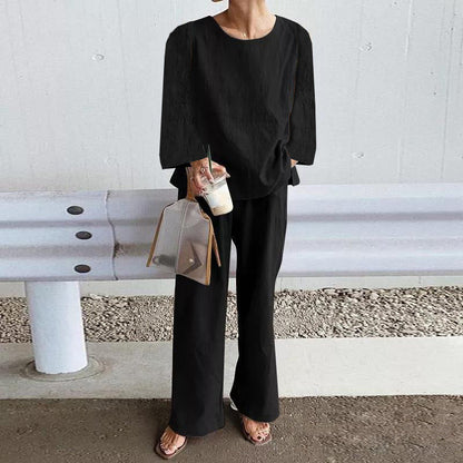 Women’s Two-Piece Set – Linen Blend – Relaxed Fit – Long Sleeve Top – Wide Leg Trousers