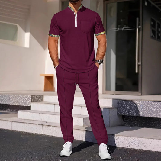 Matching Sport Set – Slim Fit – Zip Neck – Chest Pocket – Cotton Blend – Trim Detail