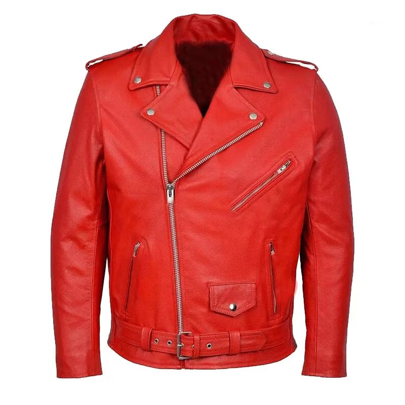 Men’s Leather Biker Jacket - Leather - Asymmetrical Zip - Lapel Collar - Belted Waist