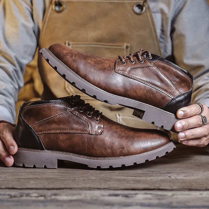 Men’s High-Top Leather Boots – Lace-Up – Cushioned Ankle – Rugged Outdoor Sole