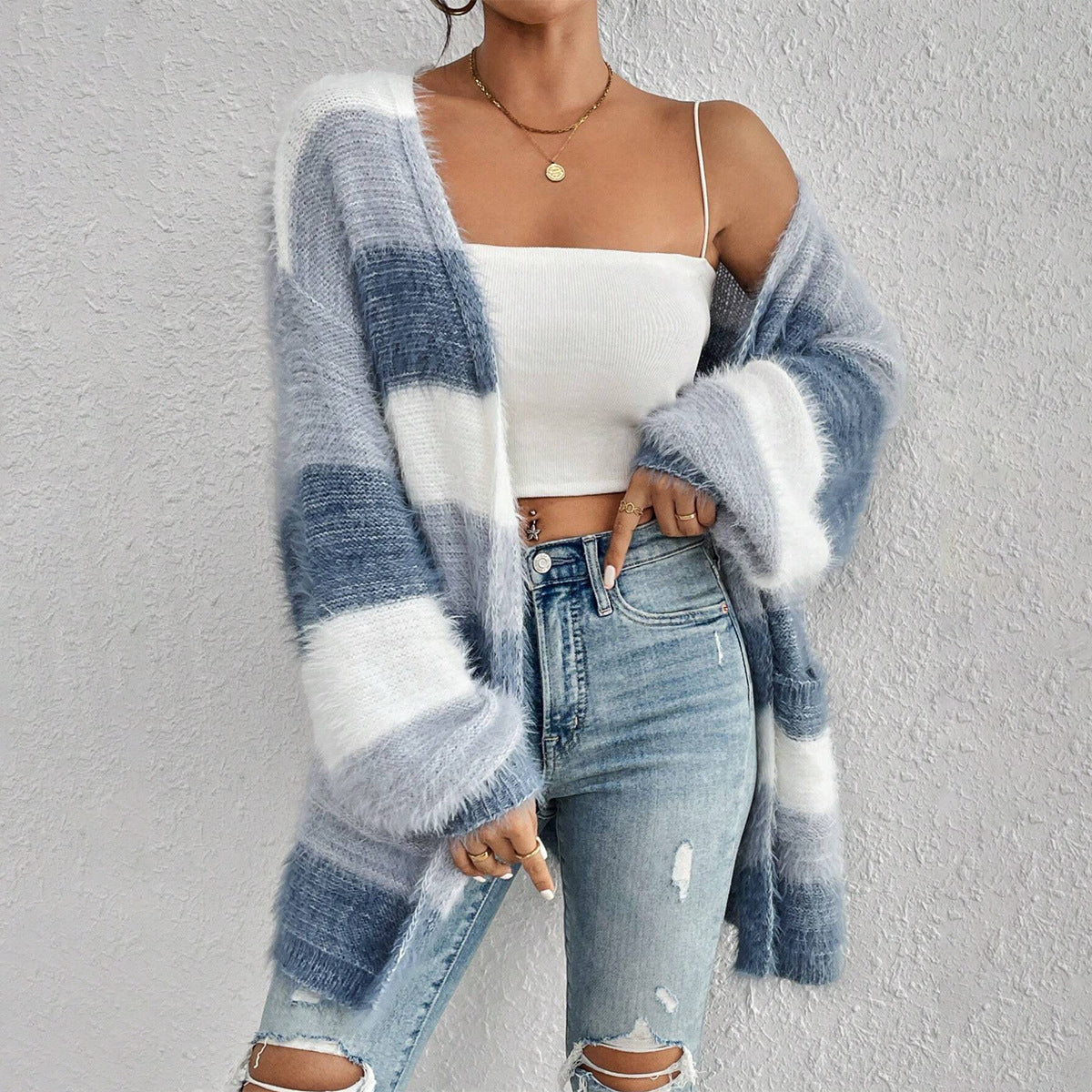 Women’s Knit Cardigan – Oversized Fit – Plush Texture – Open Front – Striped Design