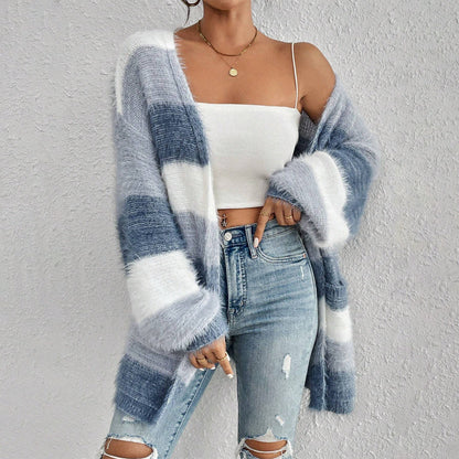 Women’s Knit Cardigan – Oversized Fit – Plush Texture – Open Front – Striped Design
