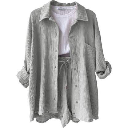 Women’s Two-Piece Set – Crinkled Shirt with Classic Collar – High-Waisted Drawstring Shorts