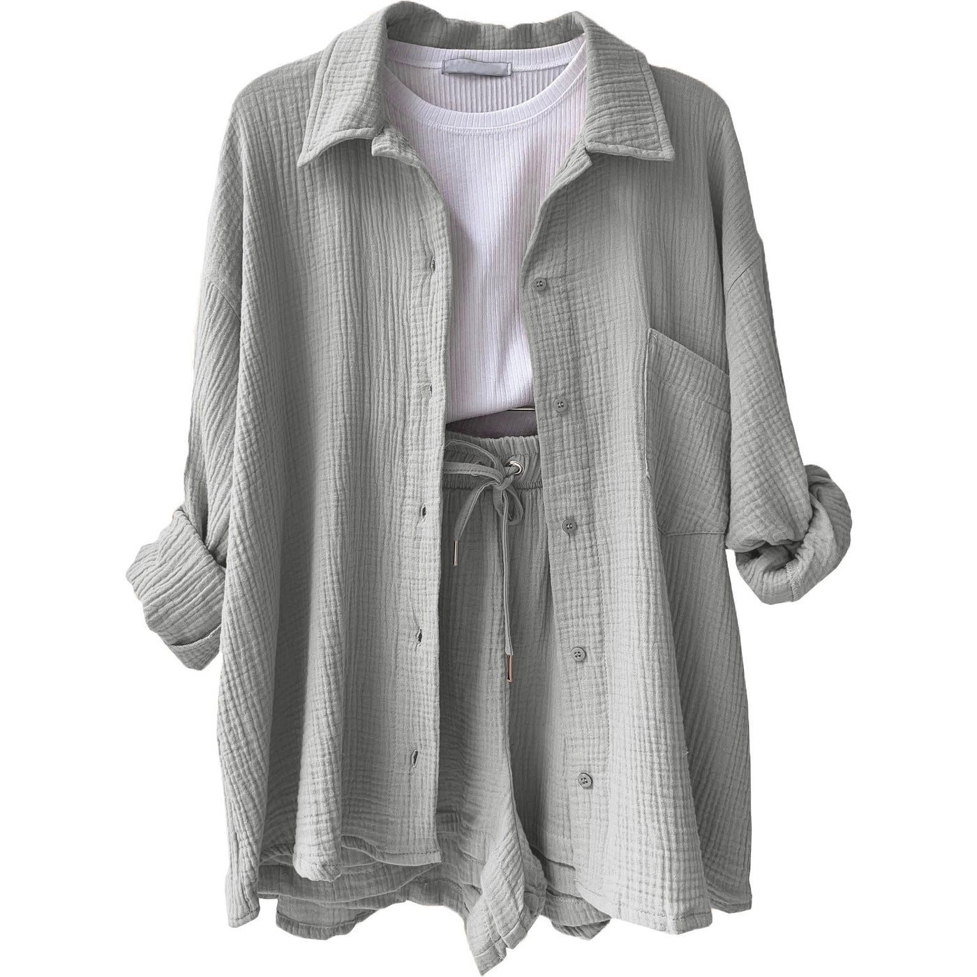 Women’s Two-Piece Set – Crinkled Shirt with Classic Collar – High-Waisted Drawstring Shorts