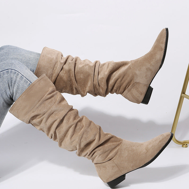 Women’s Knee-High Boots – Suede – Pointed Toe – Slip-On – Flat Sole Relaxed Fit