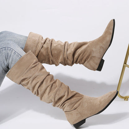 Women’s Knee-High Boots – Suede – Pointed Toe – Slip-On – Flat Sole Relaxed Fit