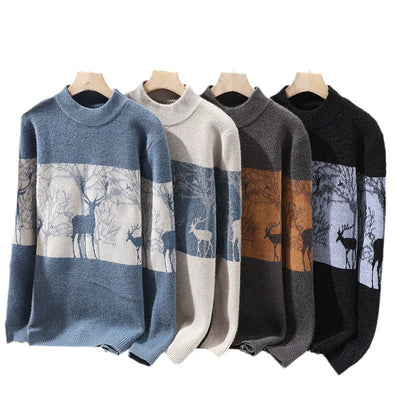 Men’s Pullover Sweater – Loose Fit – Wool Blend Knit – Mock Neck – Deer Pattern