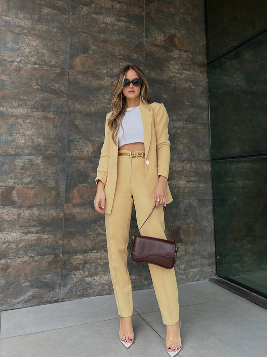 Women's Chic Beige Suit - Tailored Blazer & Pants Set