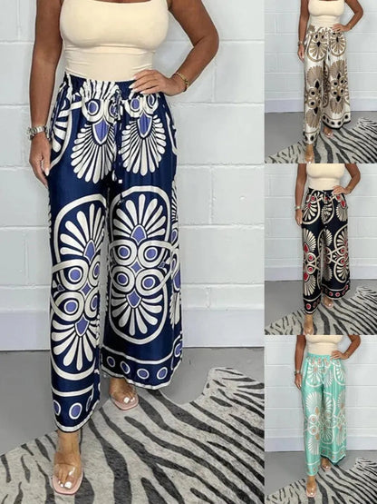 Women's Palazzo Pants - Wide Leg - Elastic Waist Drawstring - Geometric Print - Flowing Fit