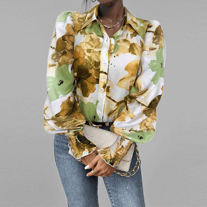 Women’s Button-Down Shirt – Oversized Fit – Puff Sleeve – Floral Print – Smocked Cuffs