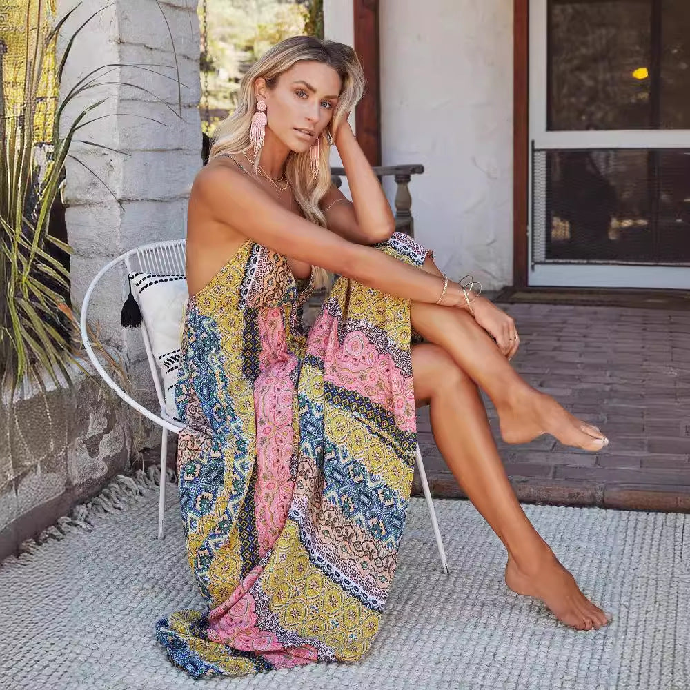 Women’s Maxi Dress – Cotton Blend – Relaxed Fit – V-Neck – Open Back – Printed