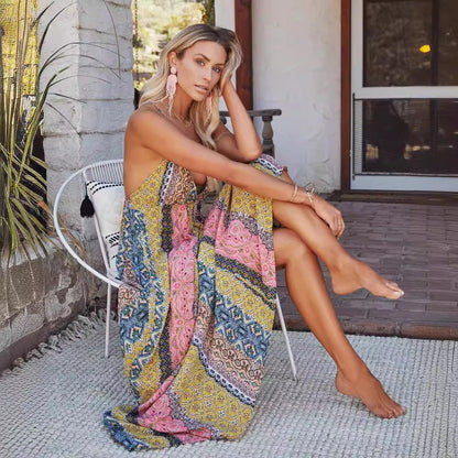 Women’s Maxi Dress – Cotton Blend – Relaxed Fit – V-Neck – Open Back – Printed