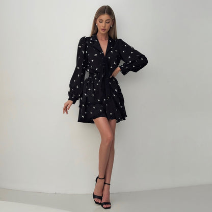 Women’s Two-Piece Dress Set – Chiffon – V-Neck Top – Long Sleeve – Ruffle Mini Skirt