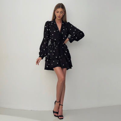 Women’s Two-Piece Dress Set – Chiffon – V-Neck Top – Long Sleeve – Ruffle Mini Skirt