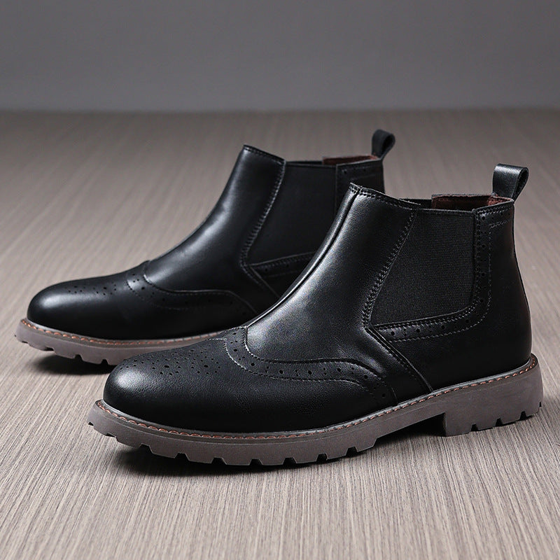 Men’s Chelsea Boots – Polished Leather – Brogue Detailing – Slip-On Ankle Fit