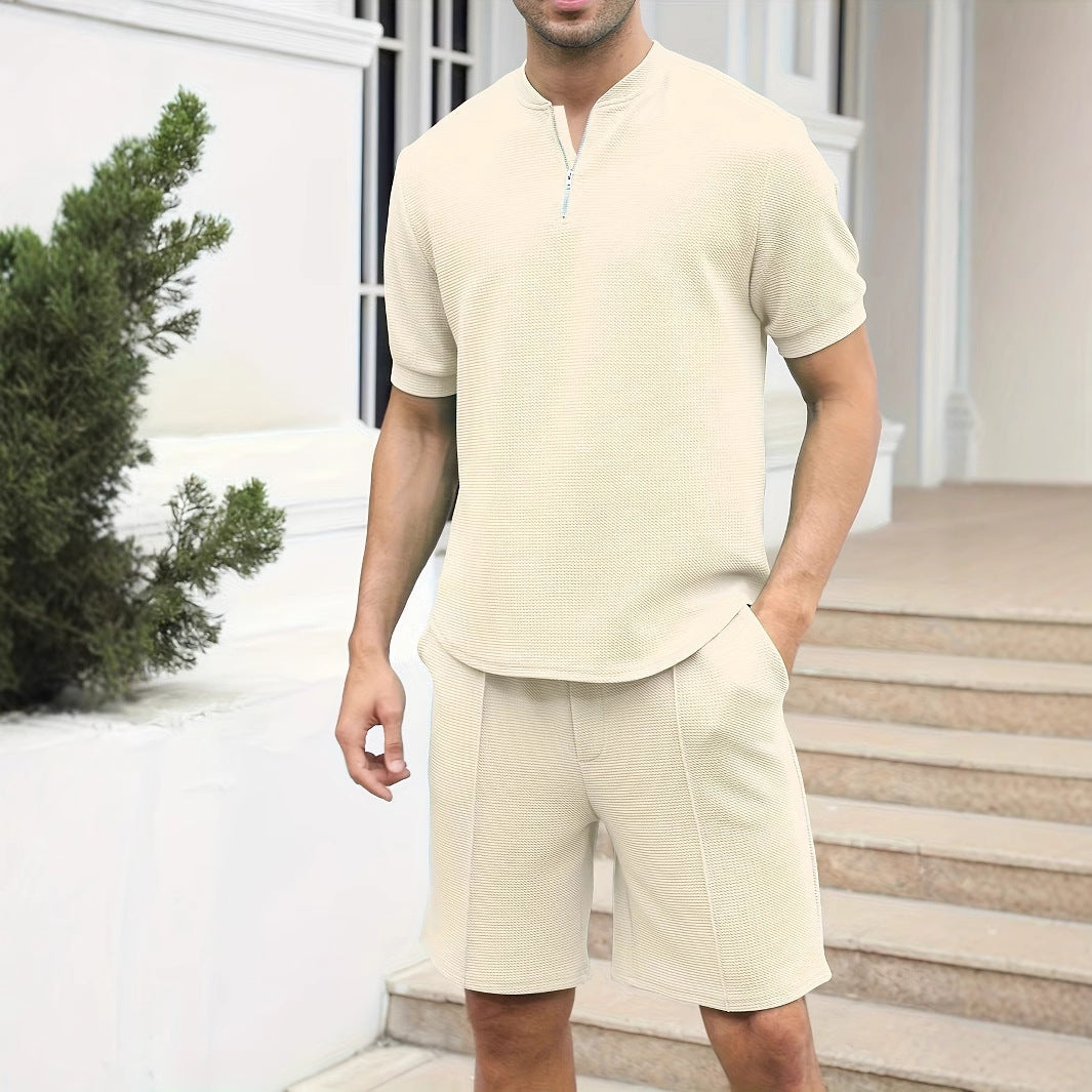 Men’s Zip-Up Top and Shorts Set – Waffle Knit – Relaxed Fit – Breathable Casual Wear