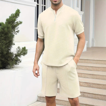 Men’s Zip-Up Top and Shorts Set – Waffle Knit – Relaxed Fit – Breathable Casual Wear