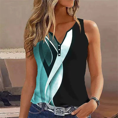 Women’s Sleeveless Top – V-Neck – Relaxed Fit – Decorative Buttons – Breathable Blend