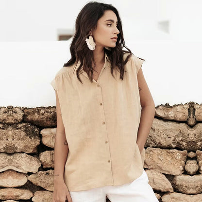 Women’s Sleeveless Blouse – Cotton Linen Blend – Relaxed Fit – Button Down Collar